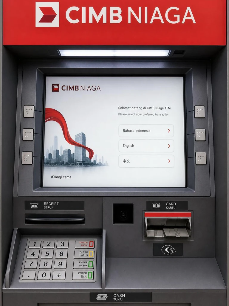 CIMB Niaga ATM in Indonesia for withdrawing rupiah using a code