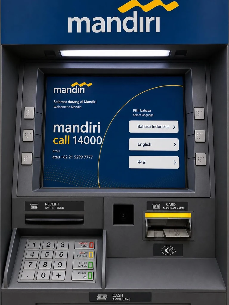 Mandiri ATM in Indonesia for withdrawing rupiah using a code
