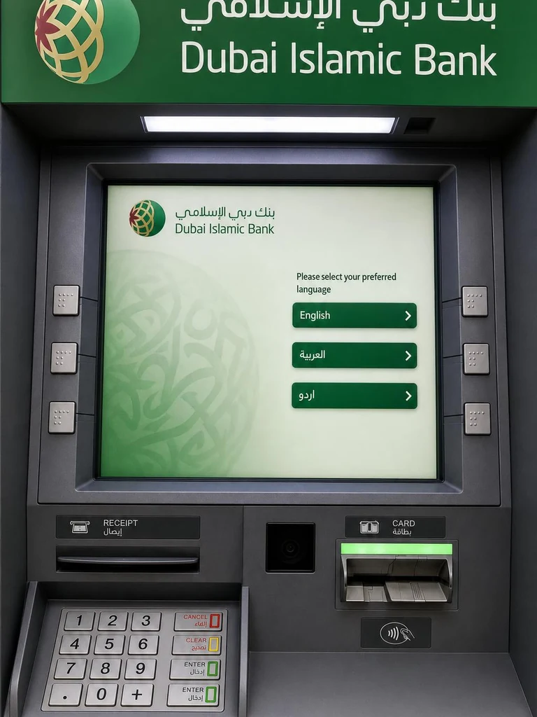 Dubai Islamic Bank ATM in the UAE for withdrawing dirhams using a code