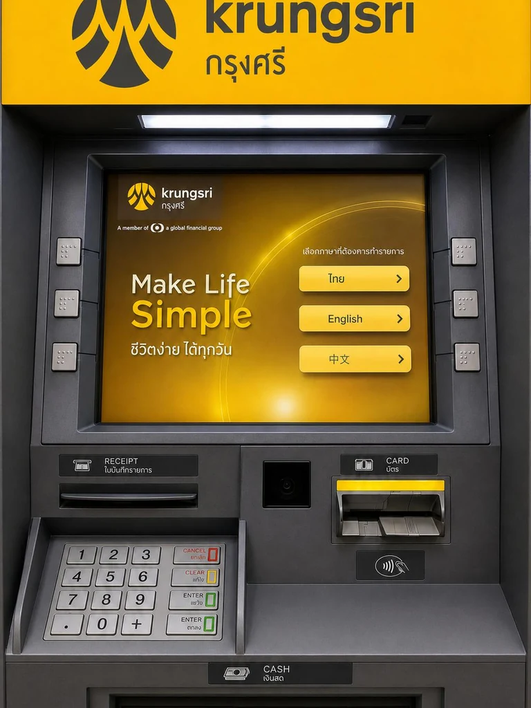 Krungsri ATM in Thailand for withdrawing Thai baht using a code