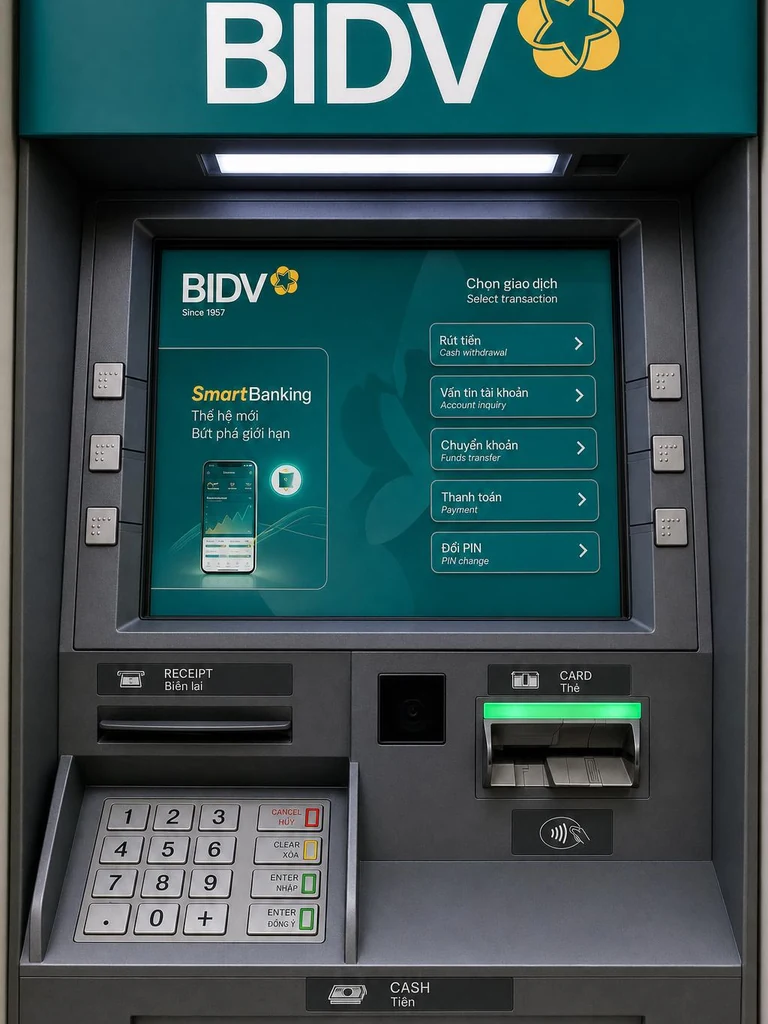 BIDV ATM in Vietnam for withdrawing Vietnamese dong using a QR code