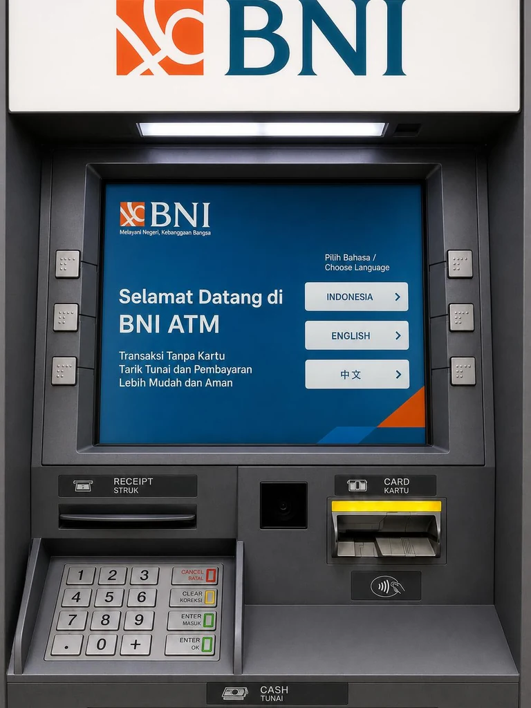 BNI ATM in Indonesia for withdrawing rupiah using a code