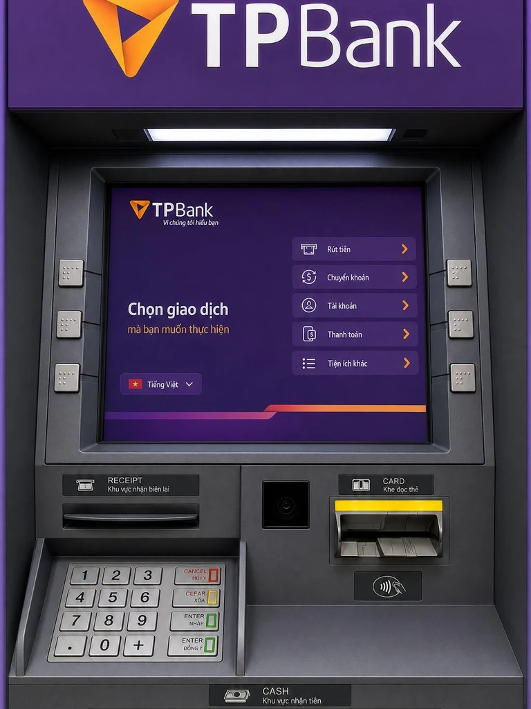 TPBank ATM in Vietnam for withdrawing Vietnamese dong using a QR code