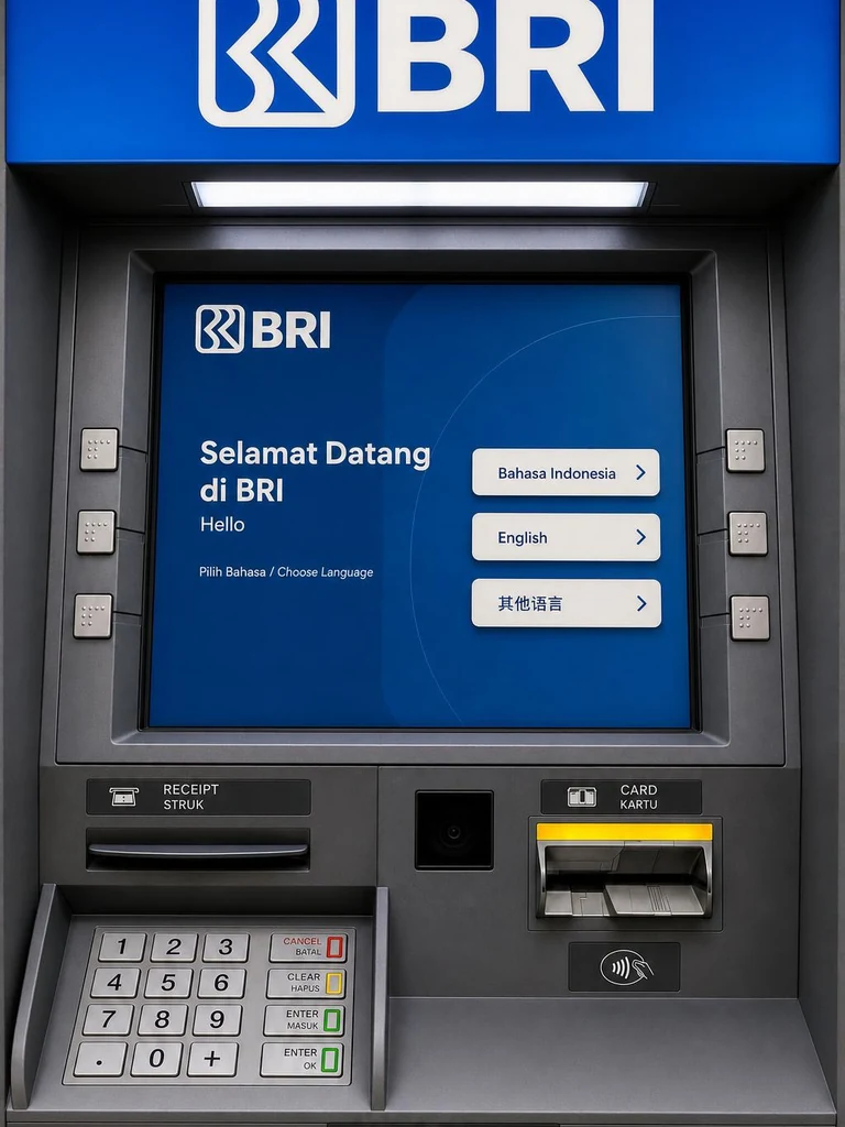 BRI ATM in Indonesia for withdrawing rupiah using a code