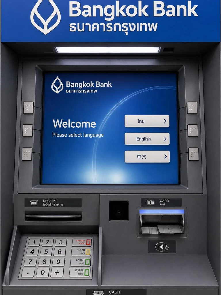 Bangkok Bank ATM in Thailand for withdrawing Thai baht using a QR code