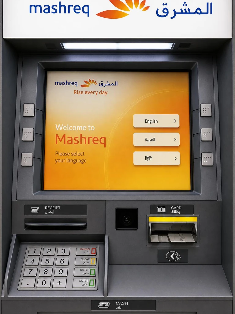 Mashreq ATM in the UAE for withdrawing dirhams using a code