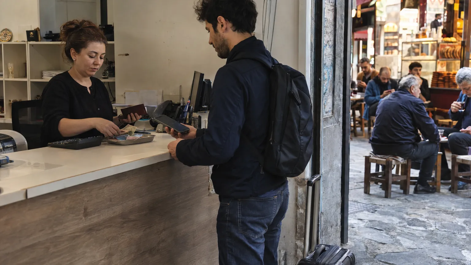 A man with a backpack at a counter while a cashier counts banknotes