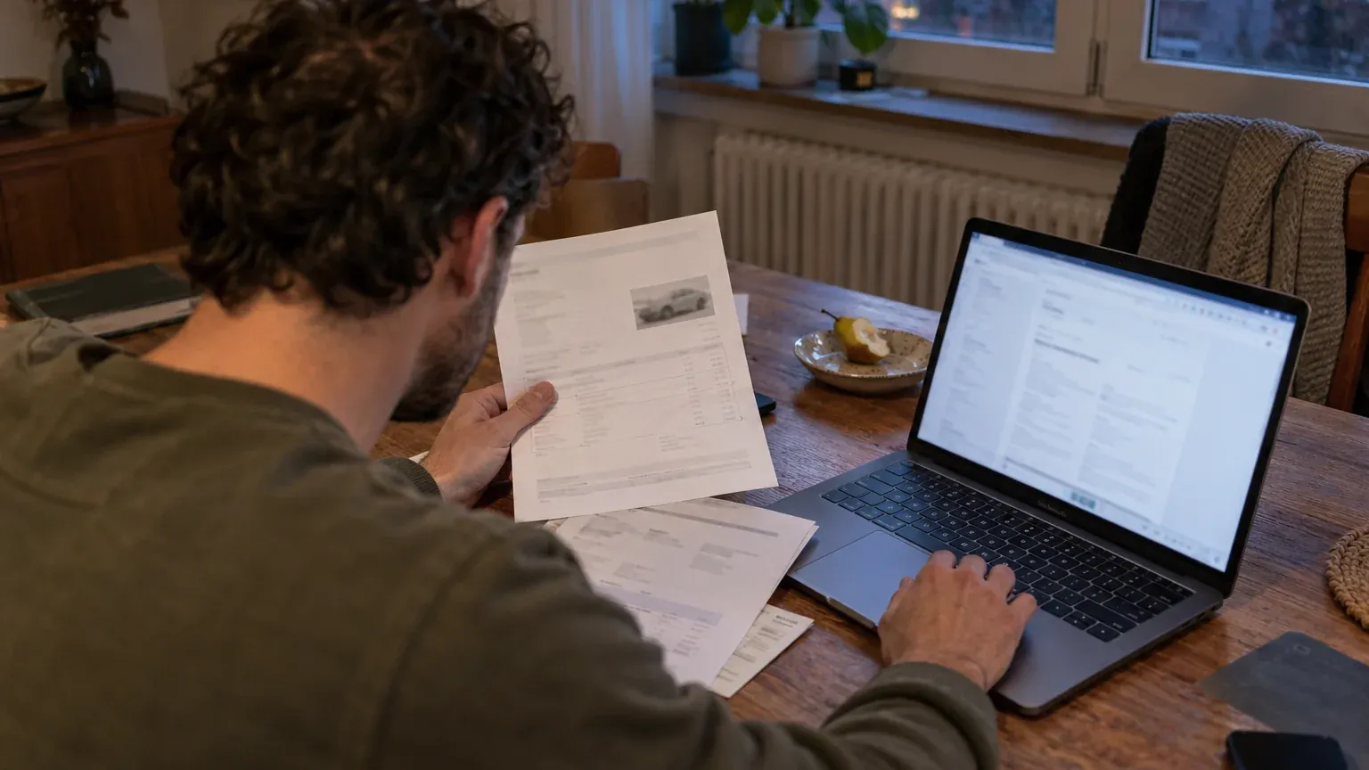 A man at a wooden table compares paper documents with information on a laptop