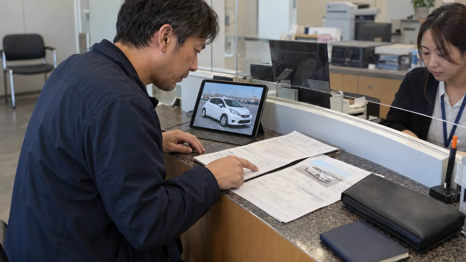 A man reviews car documents at a counter with a female office employee