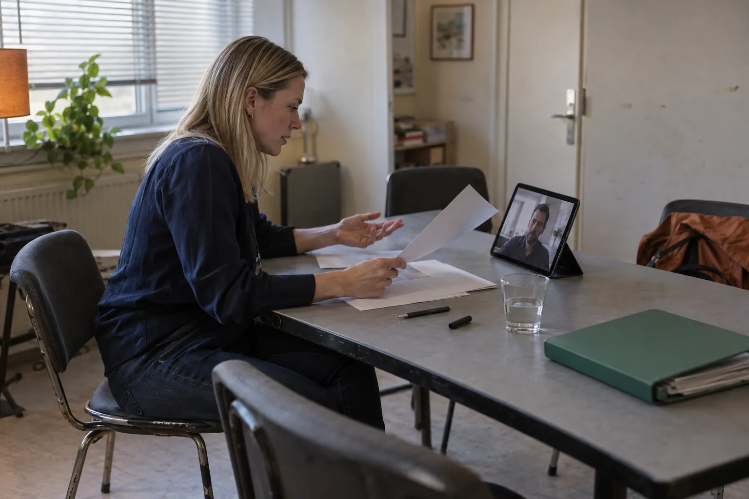 A woman with documents at a desk has a video call on a tablet