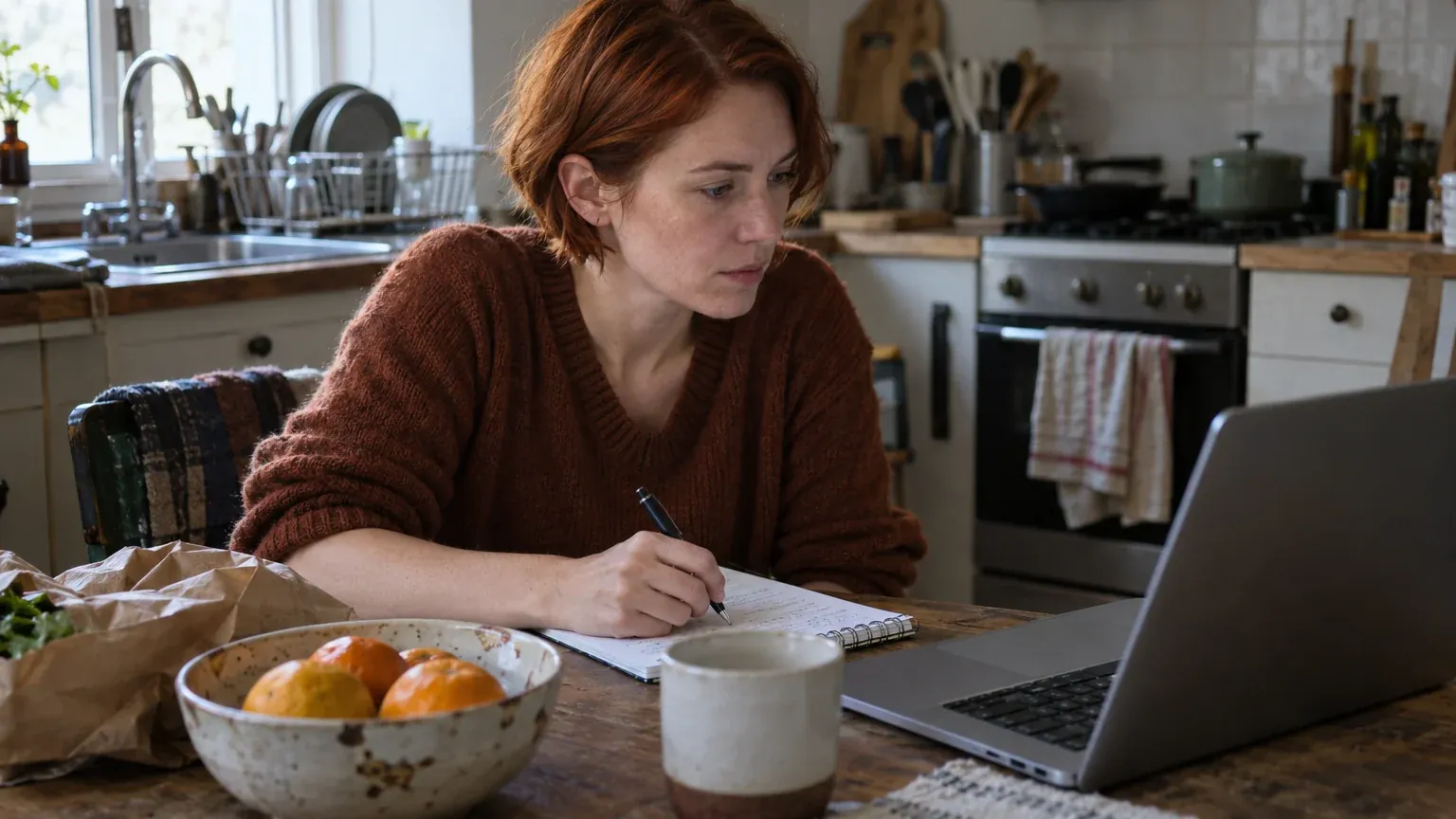 A woman at a kitchen table looks at a laptop and takes notes in a notebook