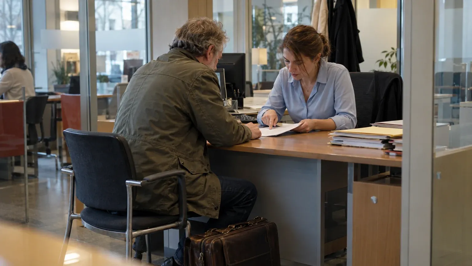 A man and a female employee discuss documents at a desk in an office