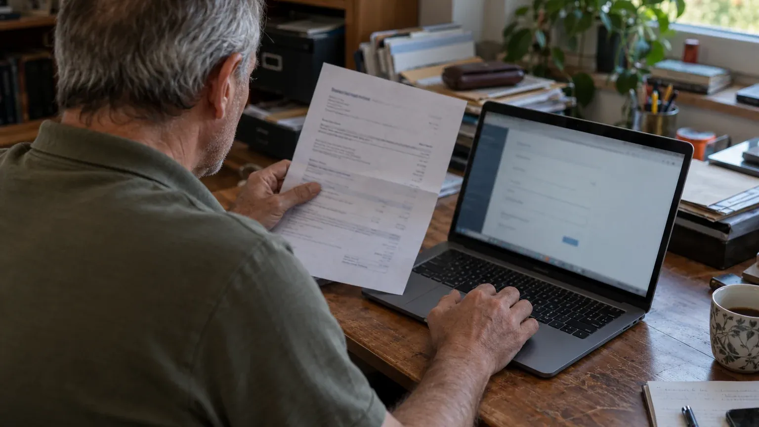 Мужчина за письменным столом сверяет бумажный документ с данными на ноутбуке