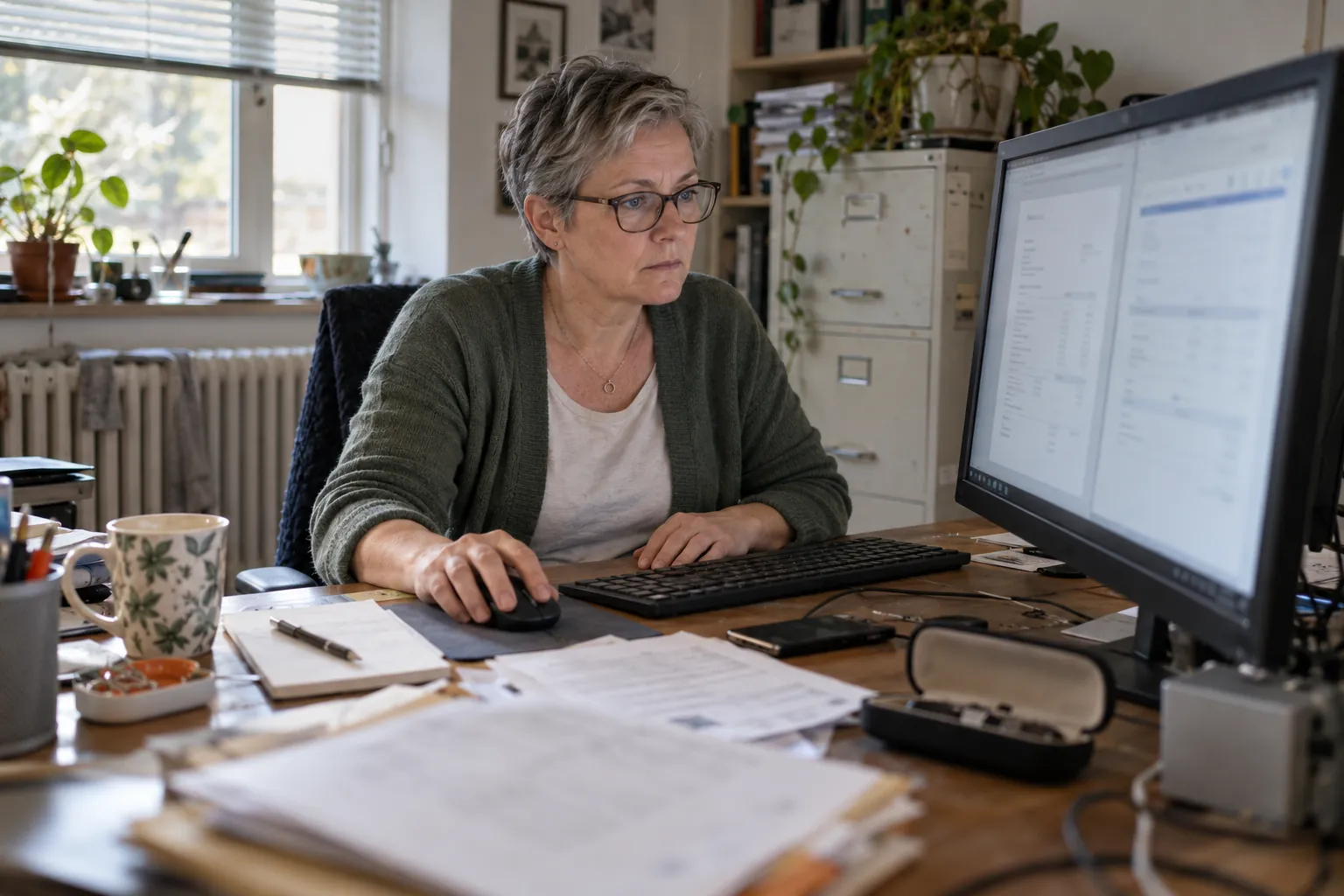 A woman wearing glasses works at a computer at a desk with documents