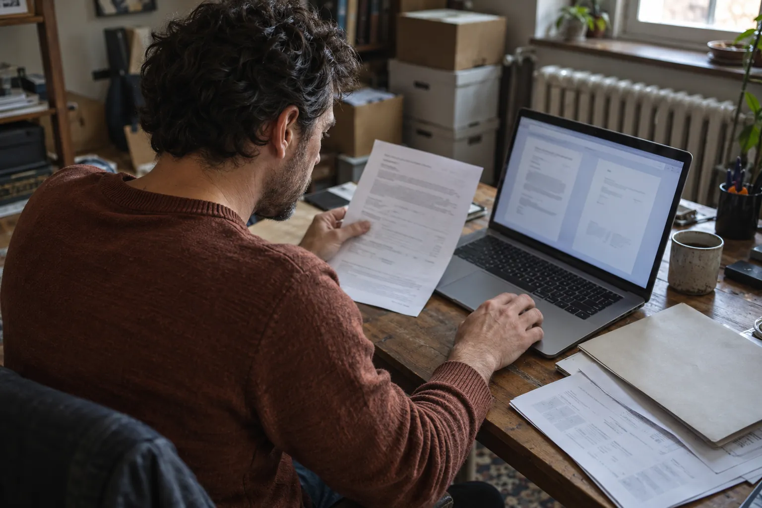 A man at a desk compares a paper document with information on a laptop