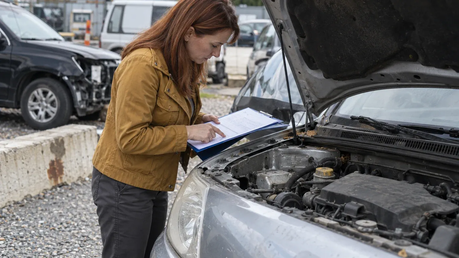 A woman holding documents inspects a car with its hood open in a parking lot