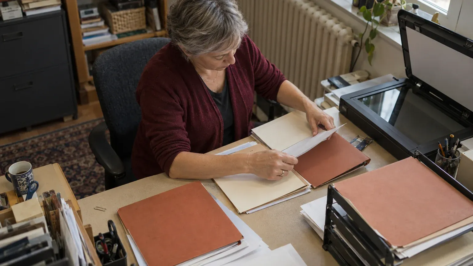 A woman at a desk sorts through documents beside an open scanner