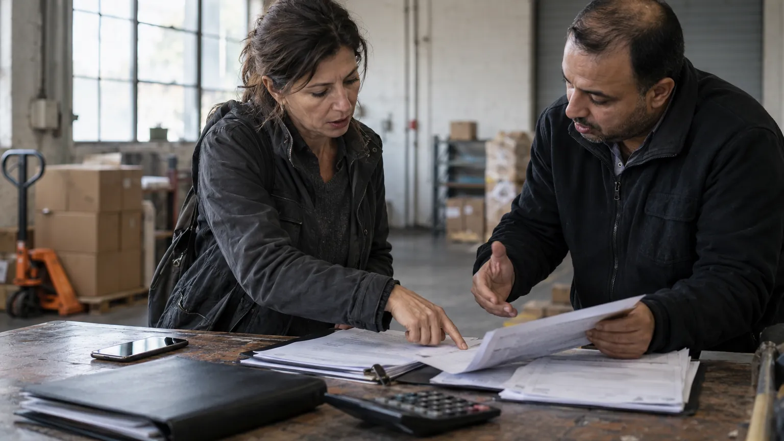 A man and a woman review documents at a table in a warehouse