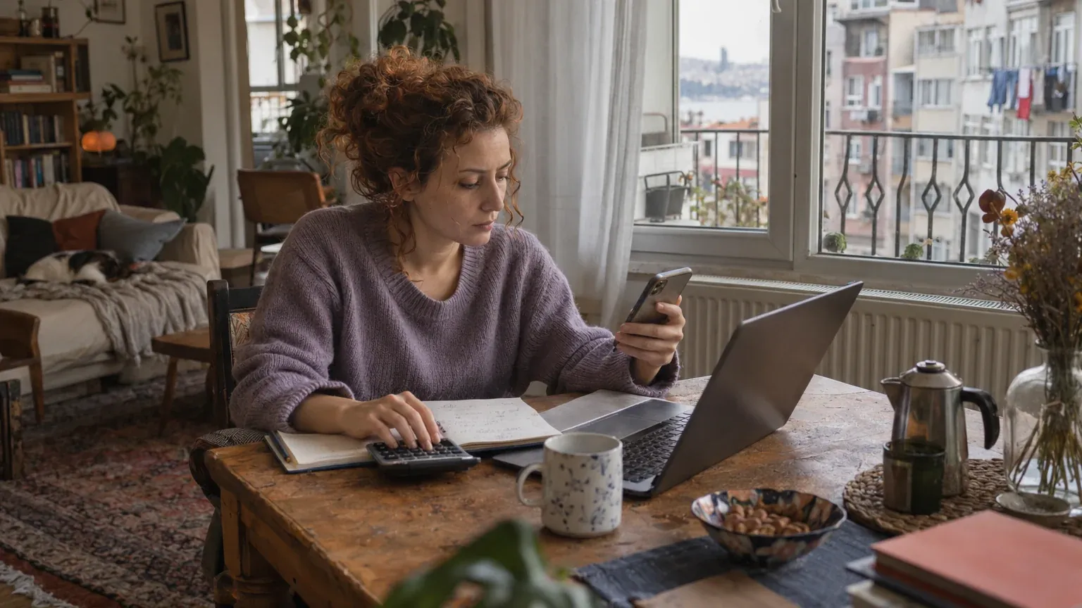 A woman at a table looks at her smartphone and uses a calculator beside a laptop